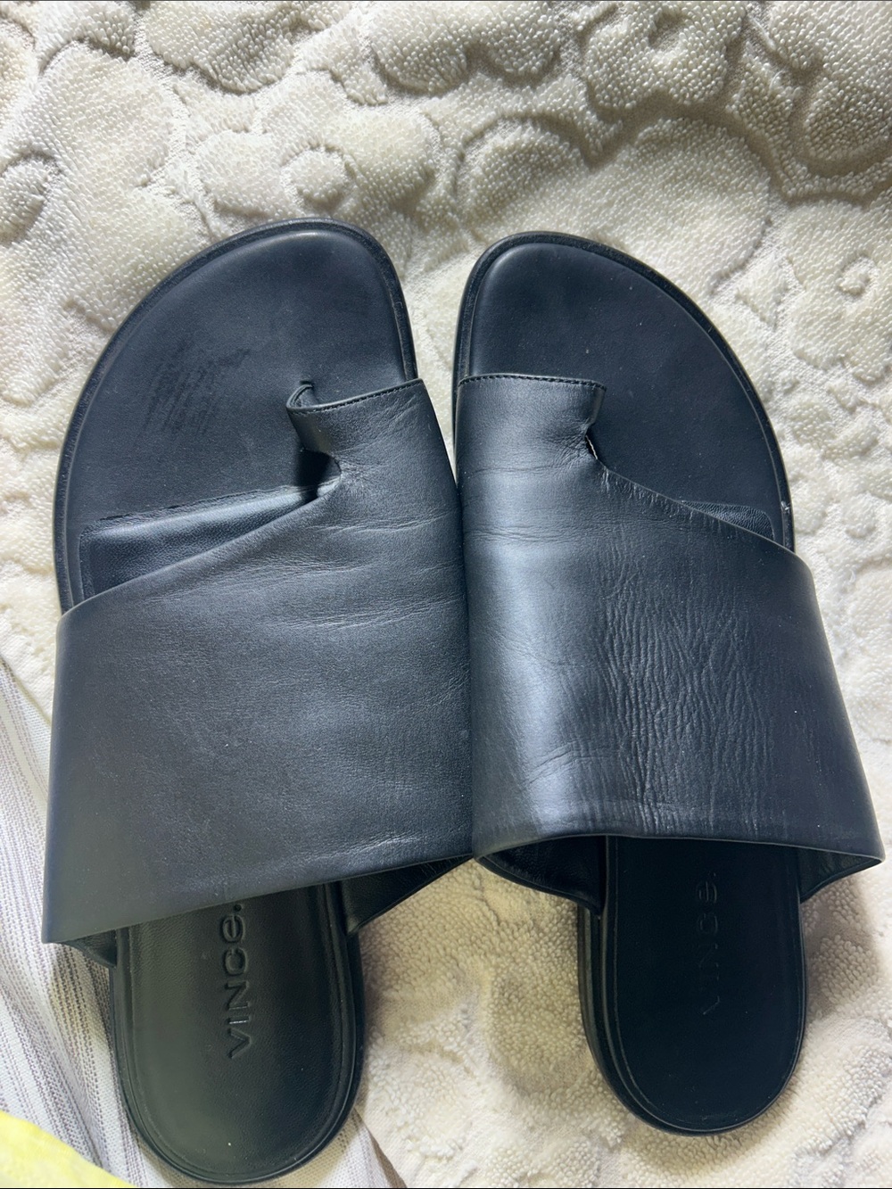 Vince Black Leather Toe-Loop Slide Sandals